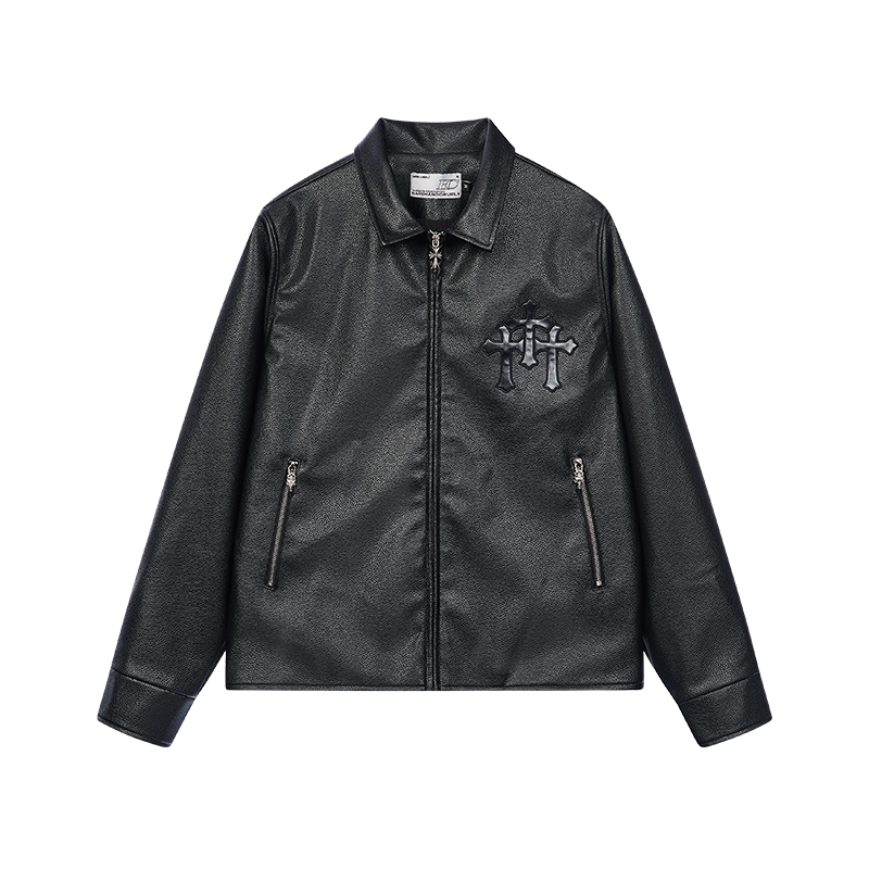 Metal Cross Logo Textured Leather Jacket Metal Cross Logo Textured Leather Jacket