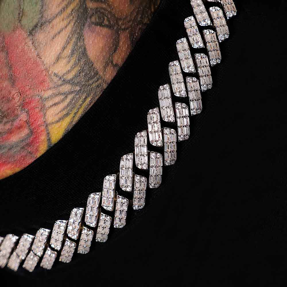 2 Row Diamond Baguette Cuban Chain White Gold 18mm 2 Row Diamond Baguette Cuban Chain White Gold 18mm