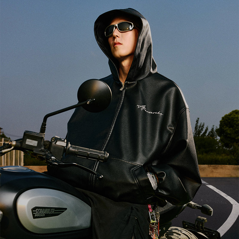 Loose Fit Textured PU Hooded Jacket Loose Fit Textured PU Hooded Jacket