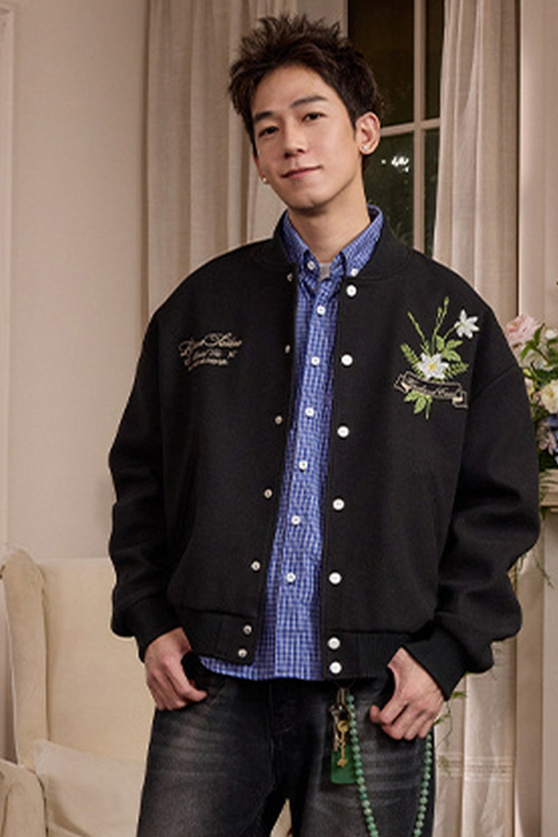 Floral Script Embroidery Varsity Jacket Floral Script Embroidery Varsity Jacket