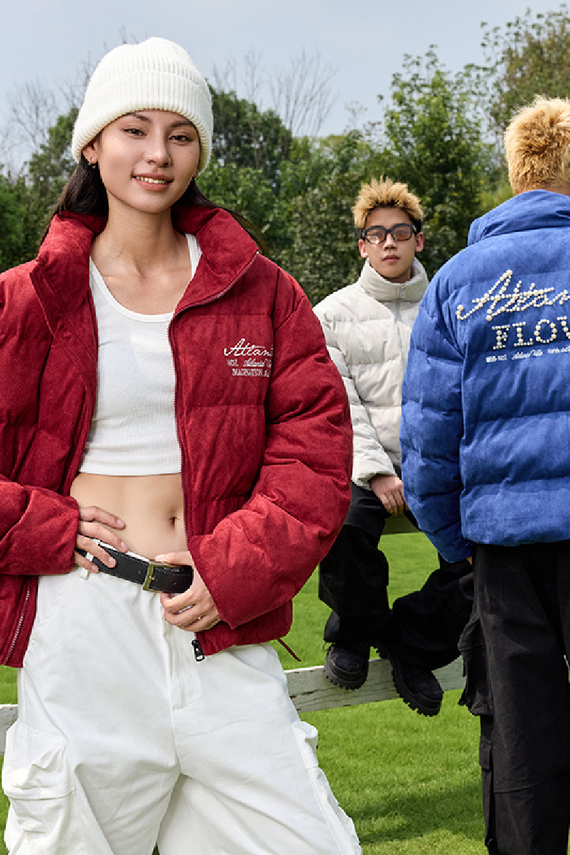 Basic Pearl Embroidered Suede Puffer Jacket Basic Pearl Embroidered Suede Puffer Jacket