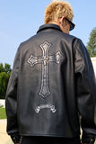 Metal Cross Logo Textured Leather Jacket Metal Cross Logo Textured Leather Jacket