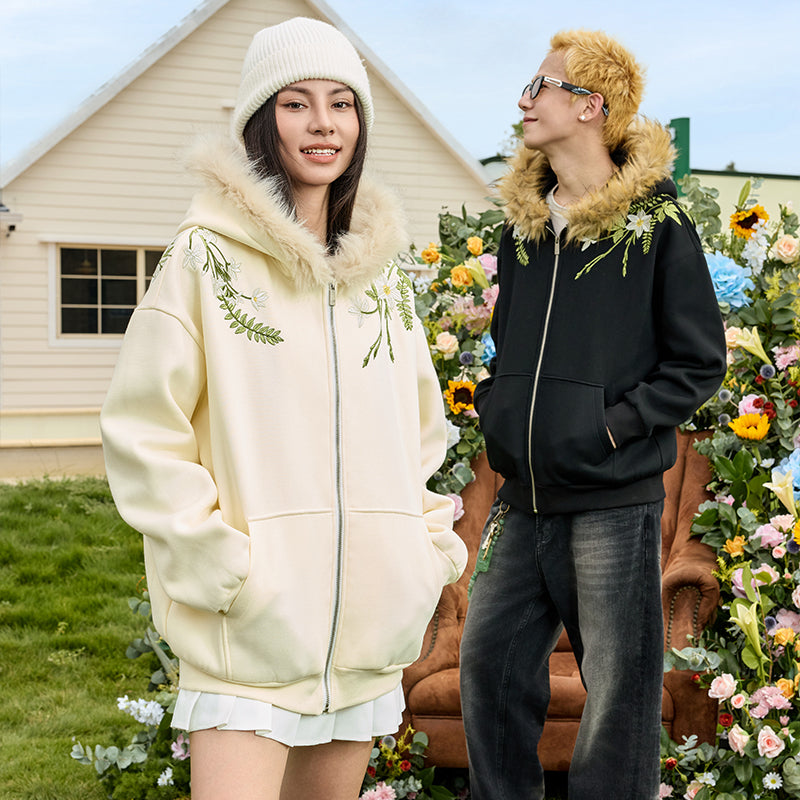 Floral Embroidery Fur Fleece Hoodie Floral Embroidery Fur Fleece Hoodie