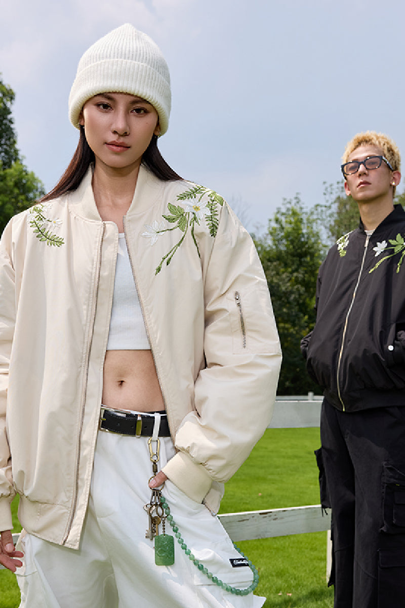 Floral Text Embroidered Bomber Jacket Floral Text Embroidered Bomber Jacket
