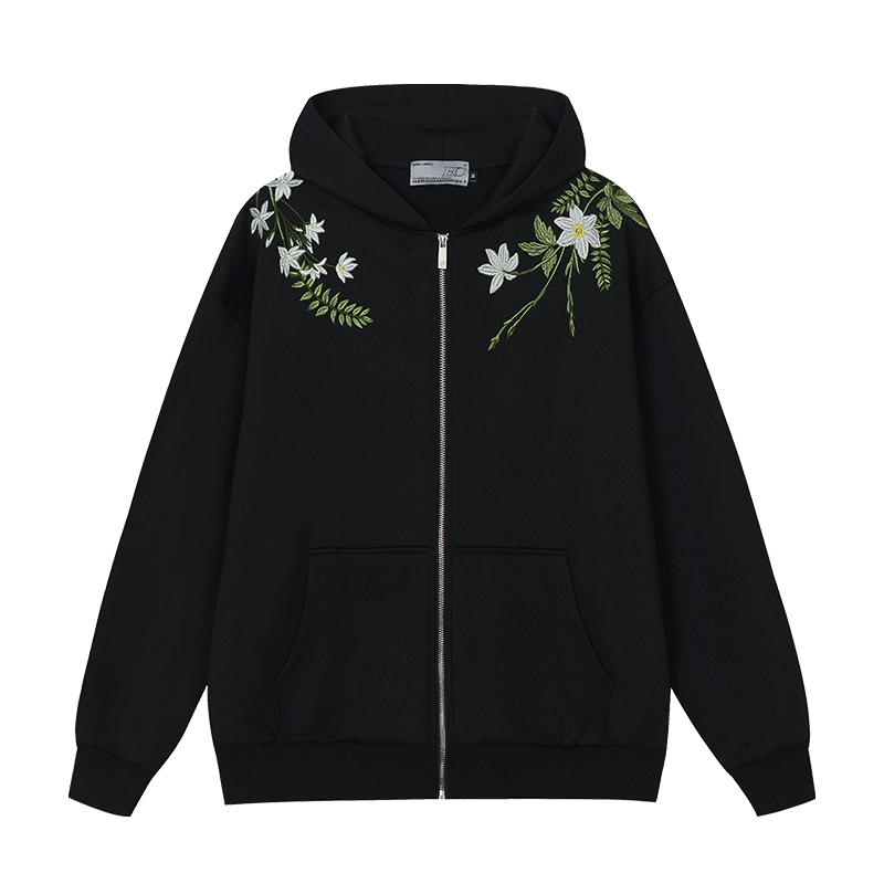 Floral Embroidered Fleece Zip Up Hoodie Floral Embroidered Fleece Zip Up Hoodie