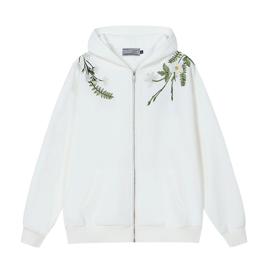 Floral Embroidered Fleece Zip Up Hoodie