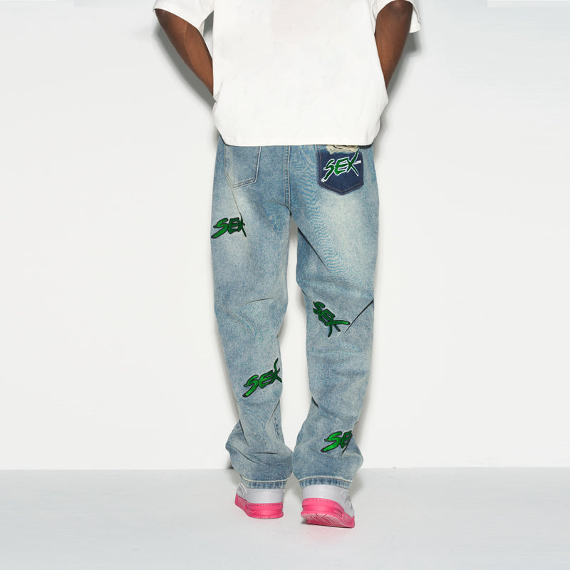 Distressed Embroidered Loose Denim Distressed Embroidered Loose Denim