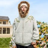 Floral Embroidery Fur Fleece Hoodie Floral Embroidery Fur Fleece Hoodie