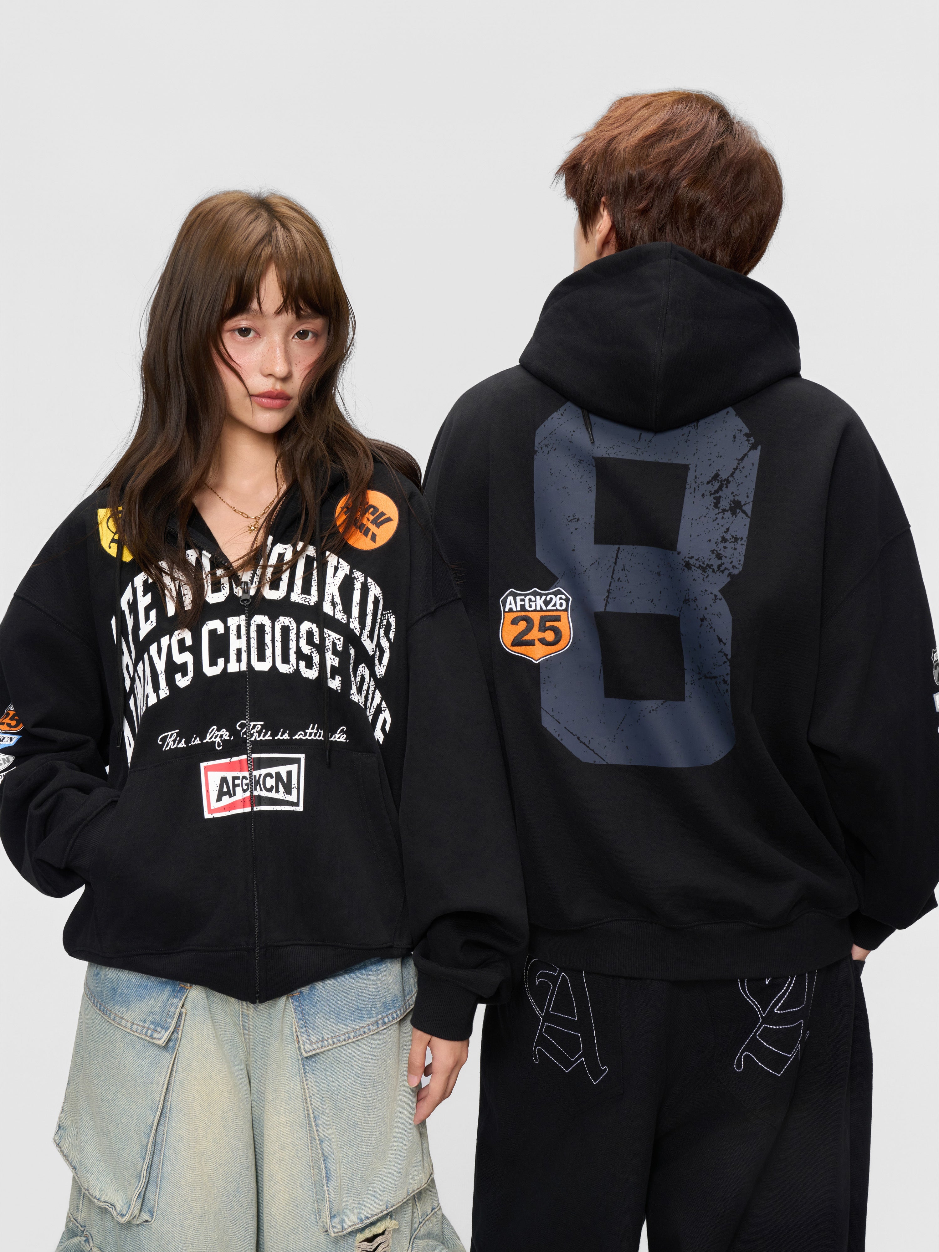 DONCARE(AFGK) "Distressed logo zip hoodie" DONCARE(AFGK) "Distressed logo zip hoodie"