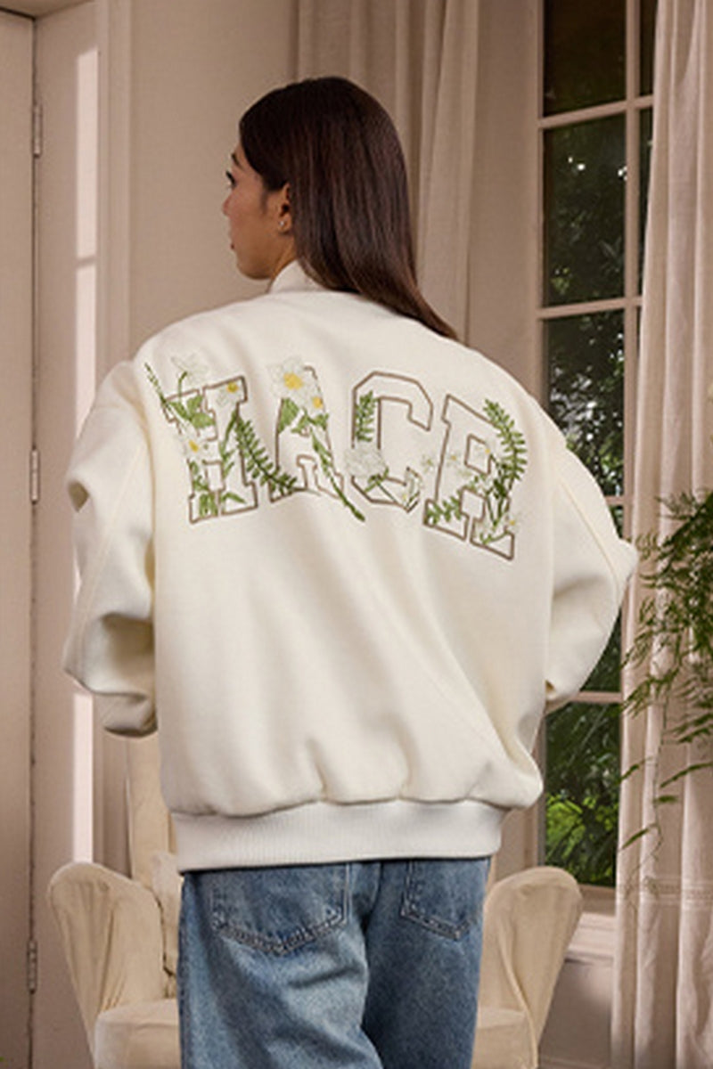 Floral Script Embroidery Varsity Jacket Floral Script Embroidery Varsity Jacket