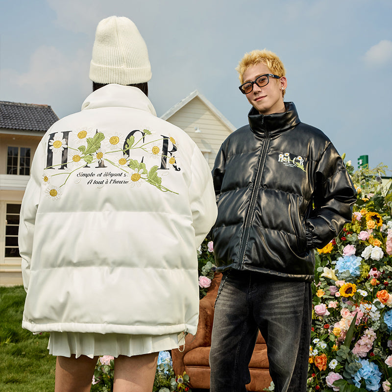 Daisy Embroidery PU Padded Jacket Daisy Embroidery PU Padded Jacket