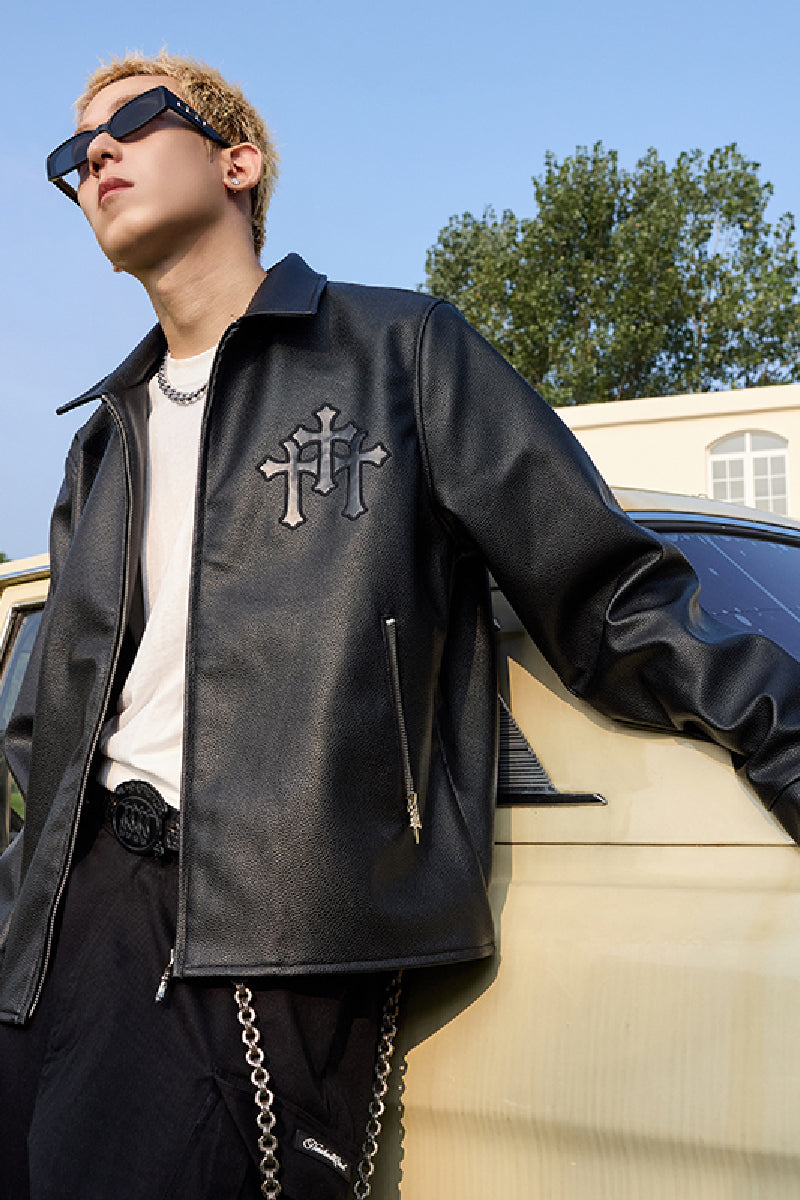 Metal Cross Logo Textured Leather Jacket Metal Cross Logo Textured Leather Jacket