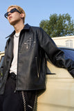 Metal Cross Logo Textured Leather Jacket Metal Cross Logo Textured Leather Jacket