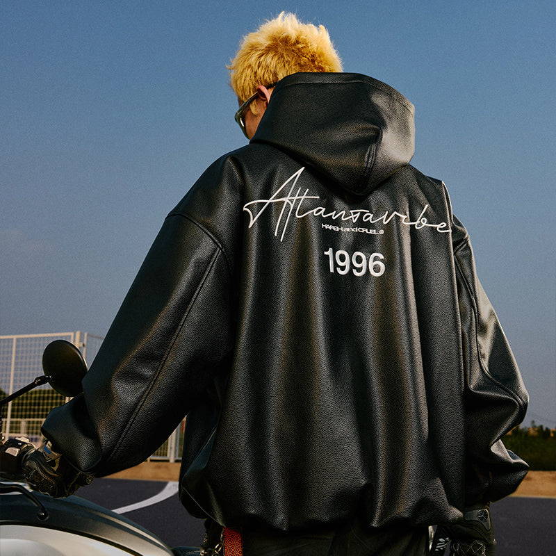 Loose Fit Textured PU Hooded Jacket Loose Fit Textured PU Hooded Jacket