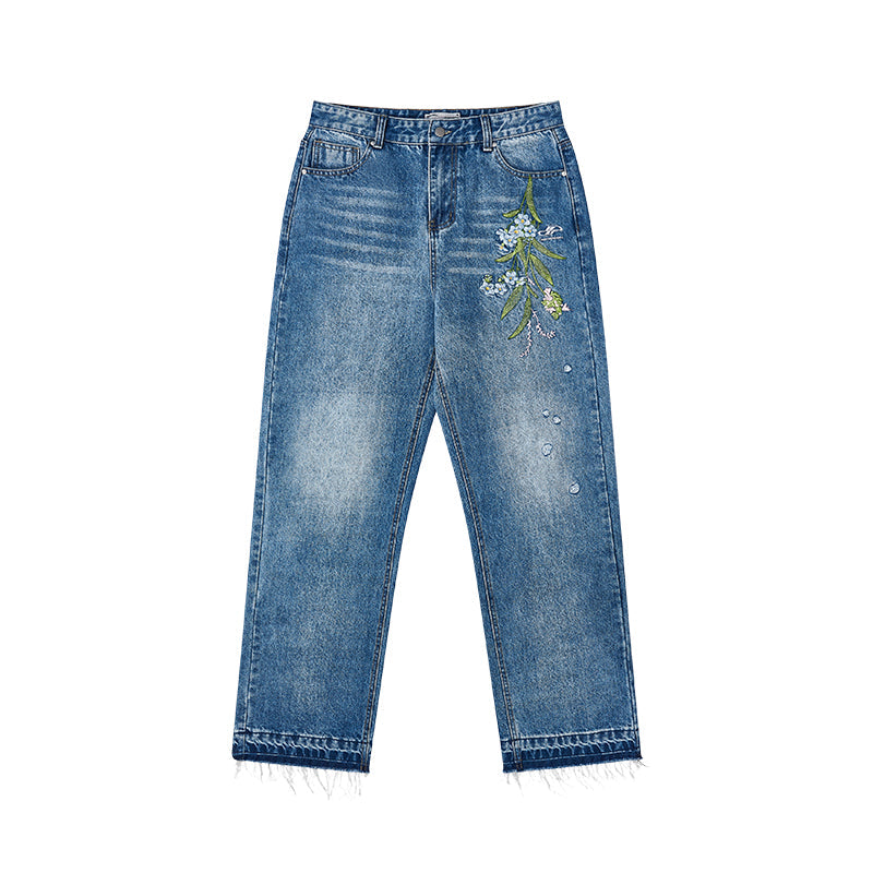 Floral Embroidery Washed Jeans Floral Embroidery Washed Jeans