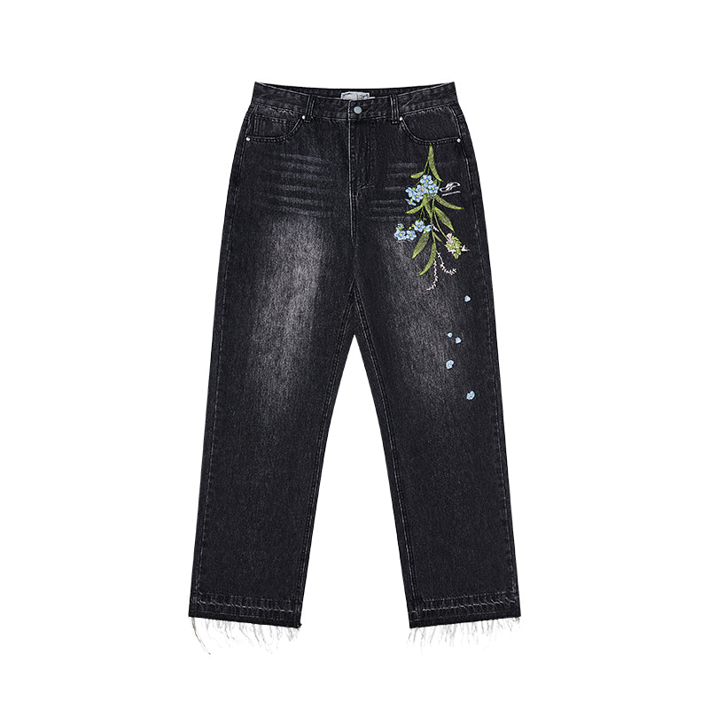 Floral Embroidery Washed Jeans Floral Embroidery Washed Jeans