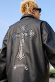 Metal Cross Logo Textured Leather Jacket Metal Cross Logo Textured Leather Jacket