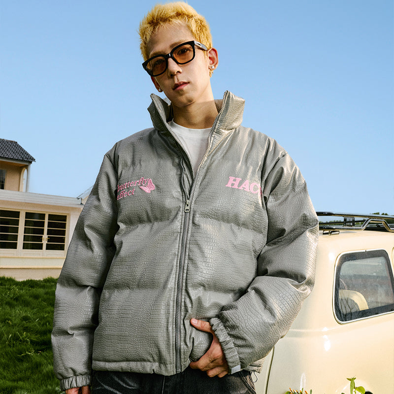 Embossed Fur Patch Crocodile PU Leather Down Jacket Embossed Fur Patch Crocodile PU Leather Down Jacket