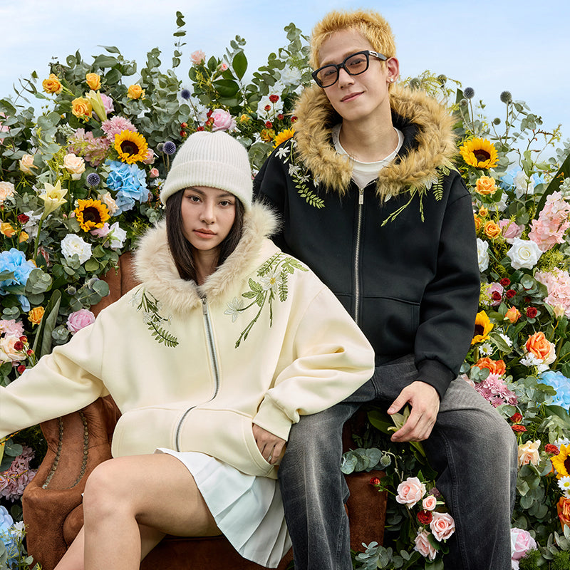 Floral Embroidery Fur Fleece Hoodie Floral Embroidery Fur Fleece Hoodie