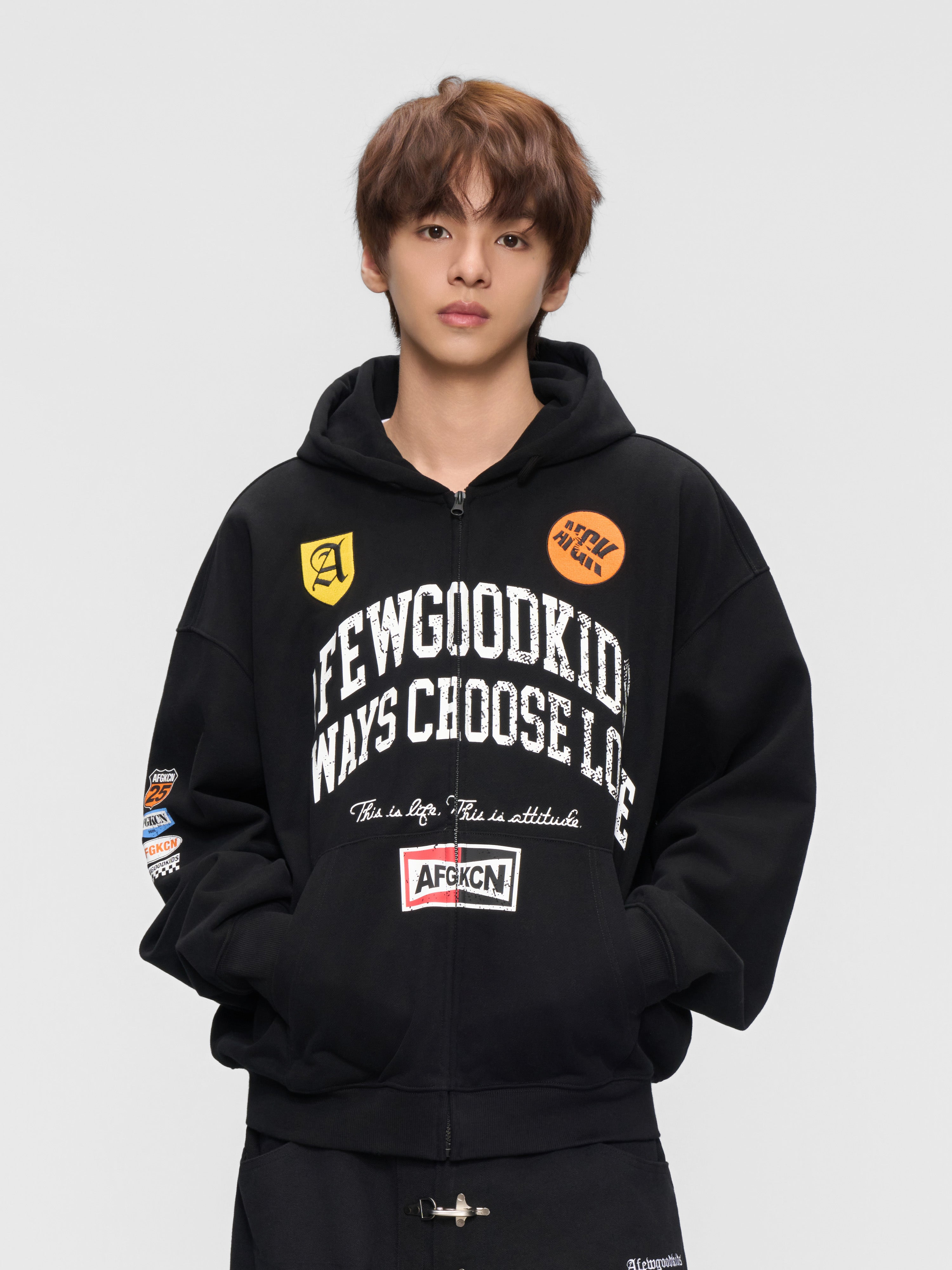 DONCARE(AFGK) "Distressed logo zip hoodie" DONCARE(AFGK) "Distressed logo zip hoodie"