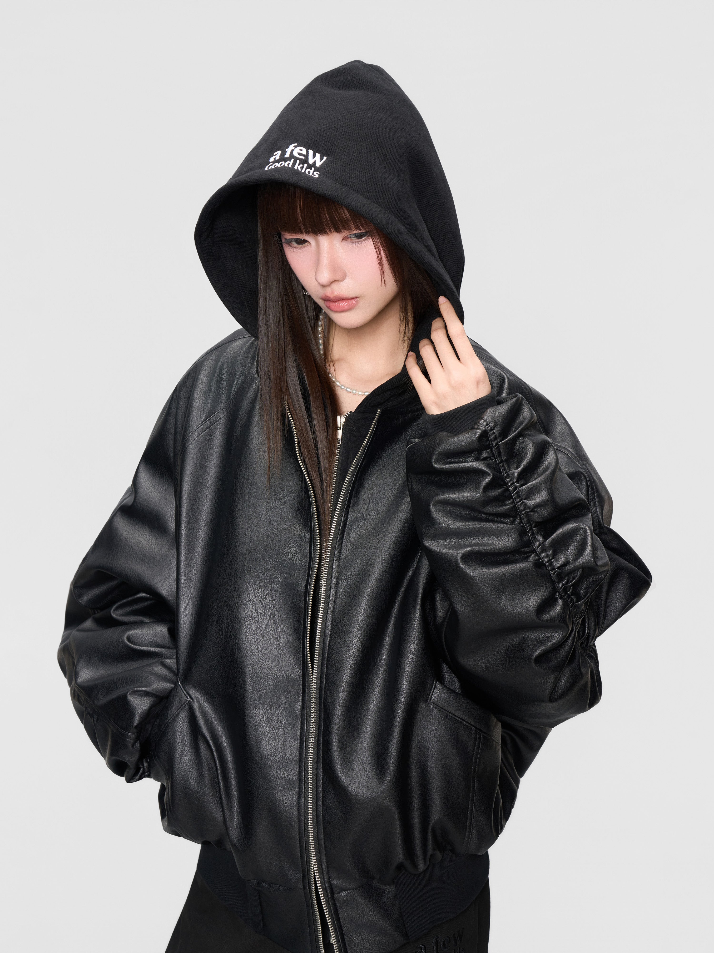 DONCARE(AFGK) "Leather hooded bomber jacket" DONCARE(AFGK) "Leather hooded bomber jacket"