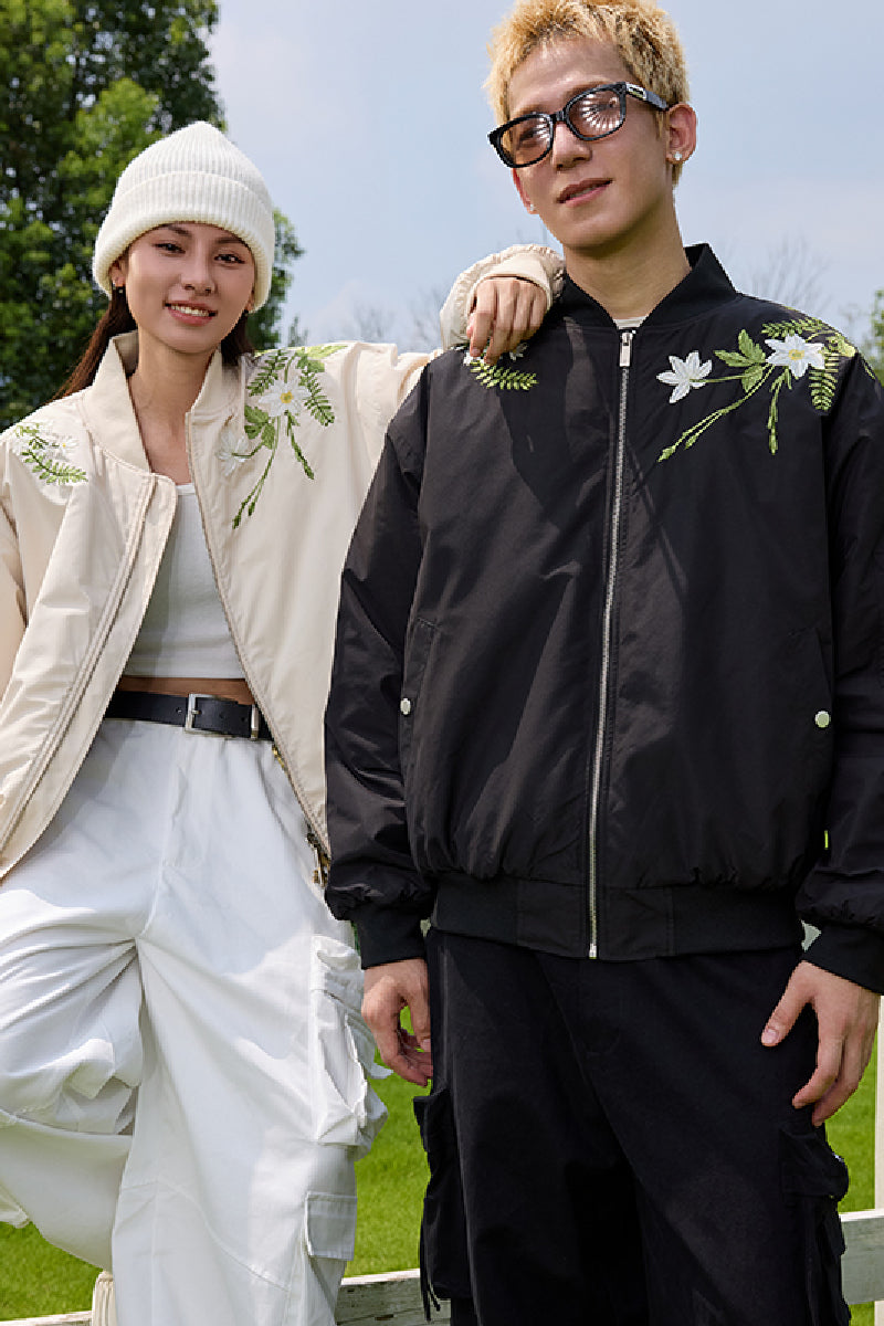 Floral Text Embroidered Bomber Jacket Floral Text Embroidered Bomber Jacket