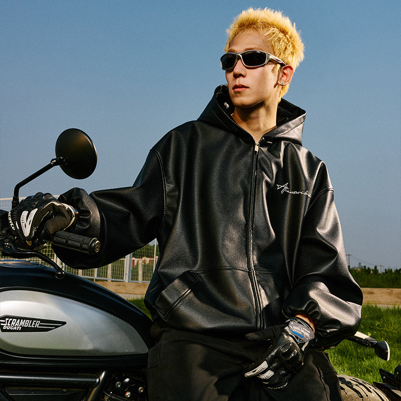 Loose Fit Textured PU Hooded Jacket Loose Fit Textured PU Hooded Jacket