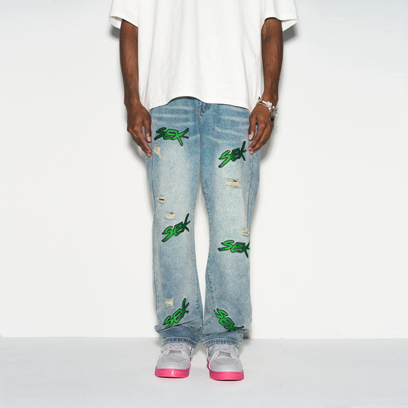 Distressed Embroidered Loose Denim Distressed Embroidered Loose Denim