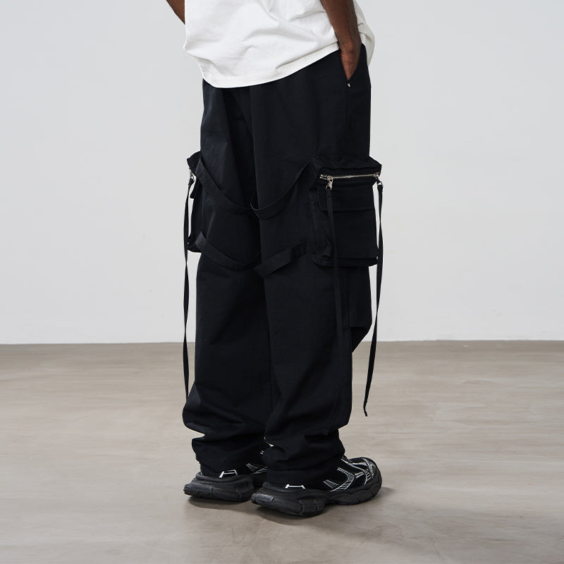 Zipper Stitched Pockets Strings Trousers Zipper Stitched Pockets Strings Trousers