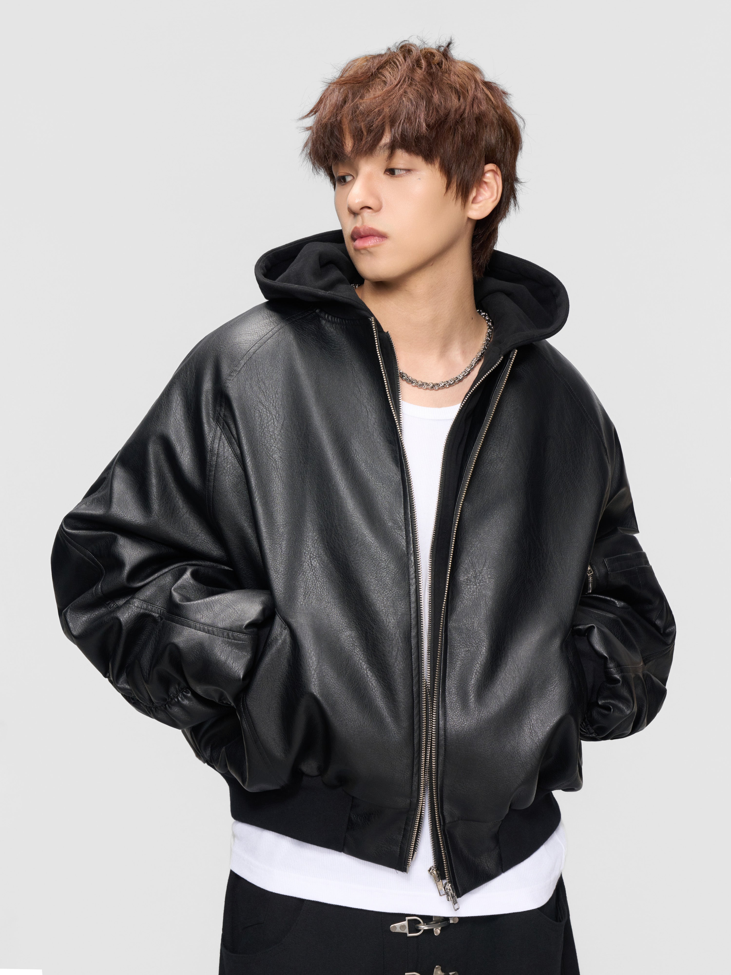 DONCARE(AFGK) "Leather hooded bomber jacket" DONCARE(AFGK) "Leather hooded bomber jacket"