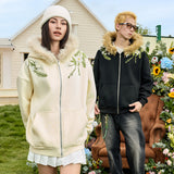 Floral Embroidery Fur Fleece Hoodie Floral Embroidery Fur Fleece Hoodie