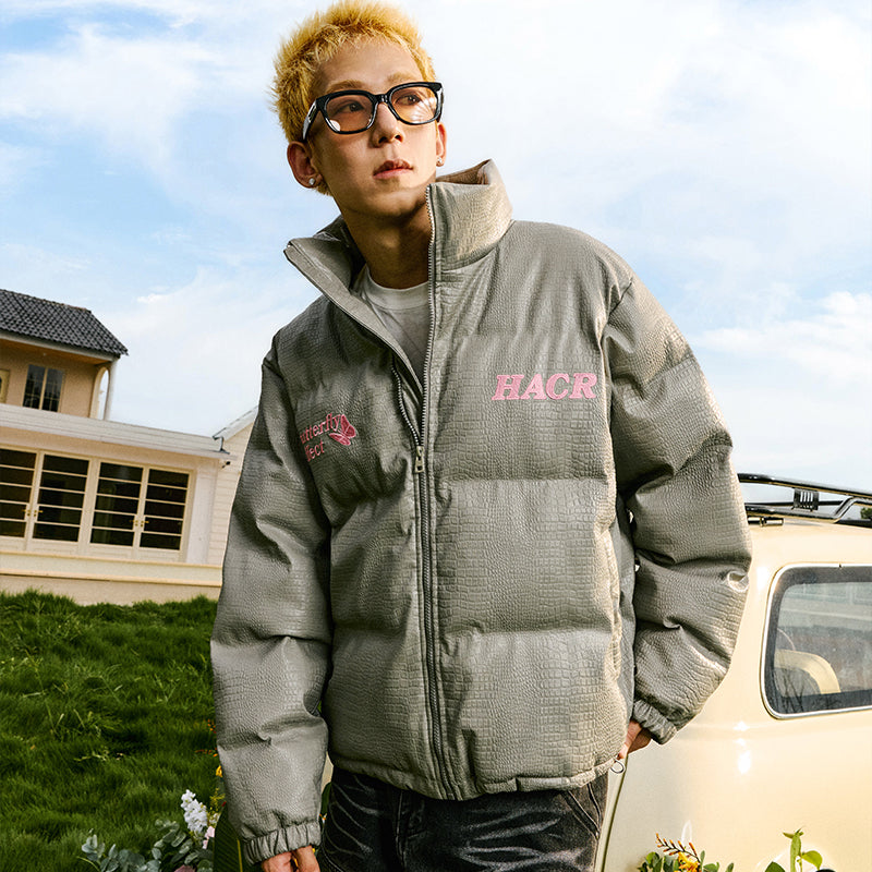 Embossed Fur Patch Crocodile PU Leather Down Jacket Embossed Fur Patch Crocodile PU Leather Down Jacket