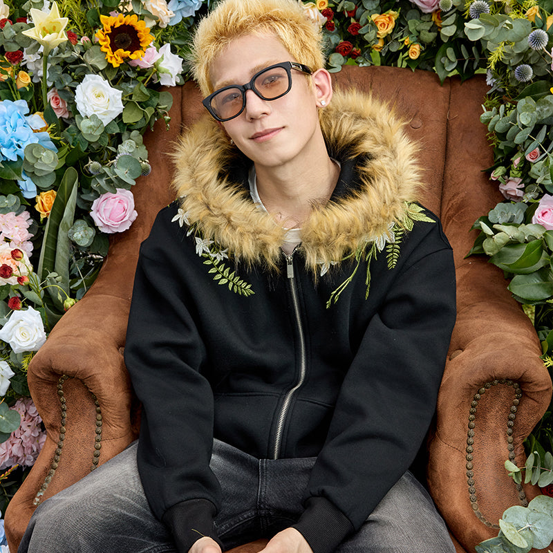 Floral Embroidery Fur Fleece Hoodie Floral Embroidery Fur Fleece Hoodie
