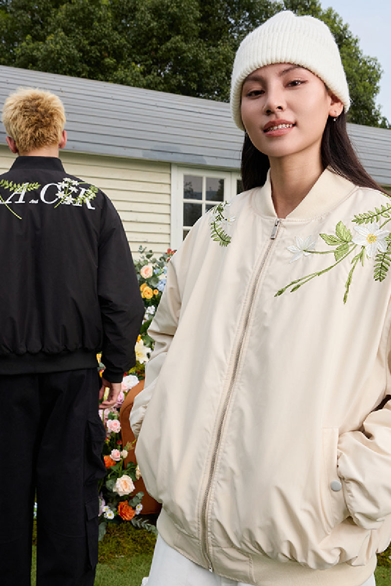 Floral Text Embroidered Bomber Jacket Floral Text Embroidered Bomber Jacket