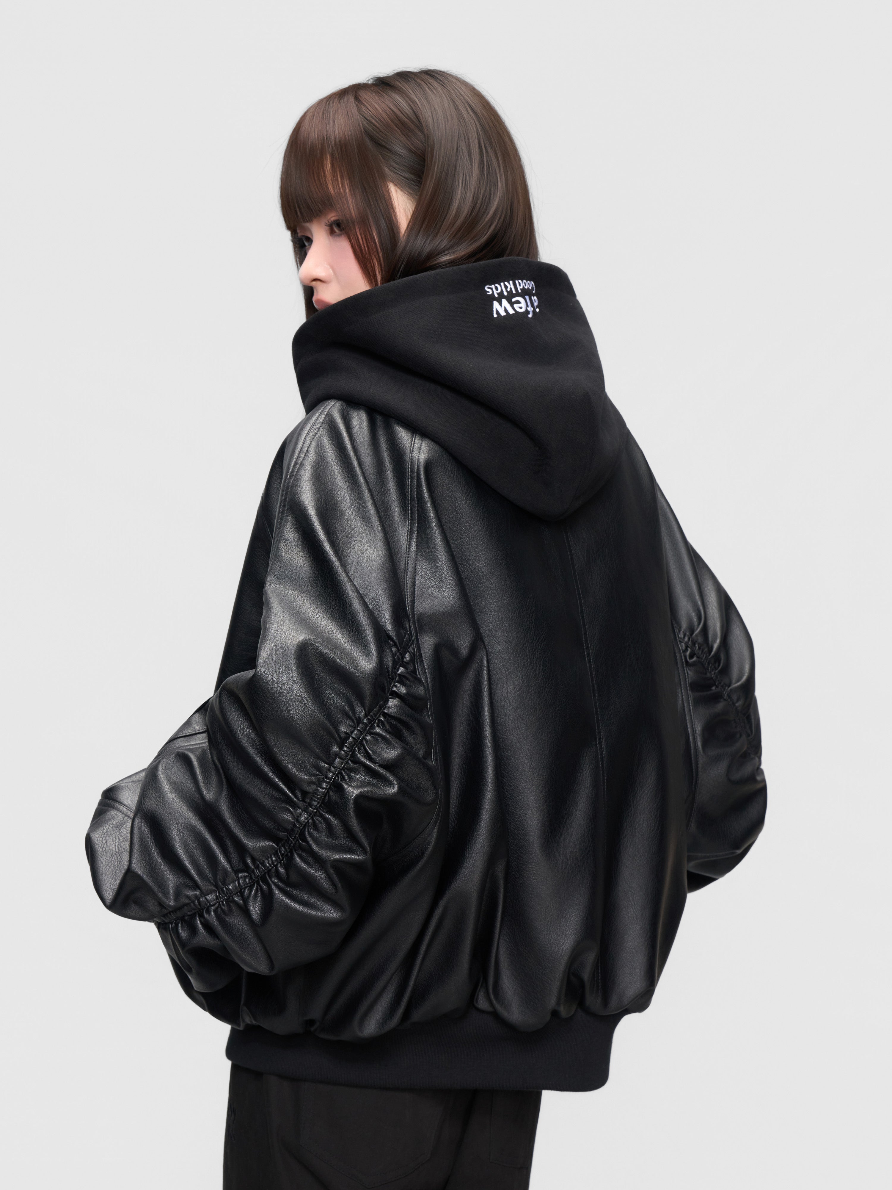 DONCARE(AFGK) "Leather hooded bomber jacket" DONCARE(AFGK) "Leather hooded bomber jacket"