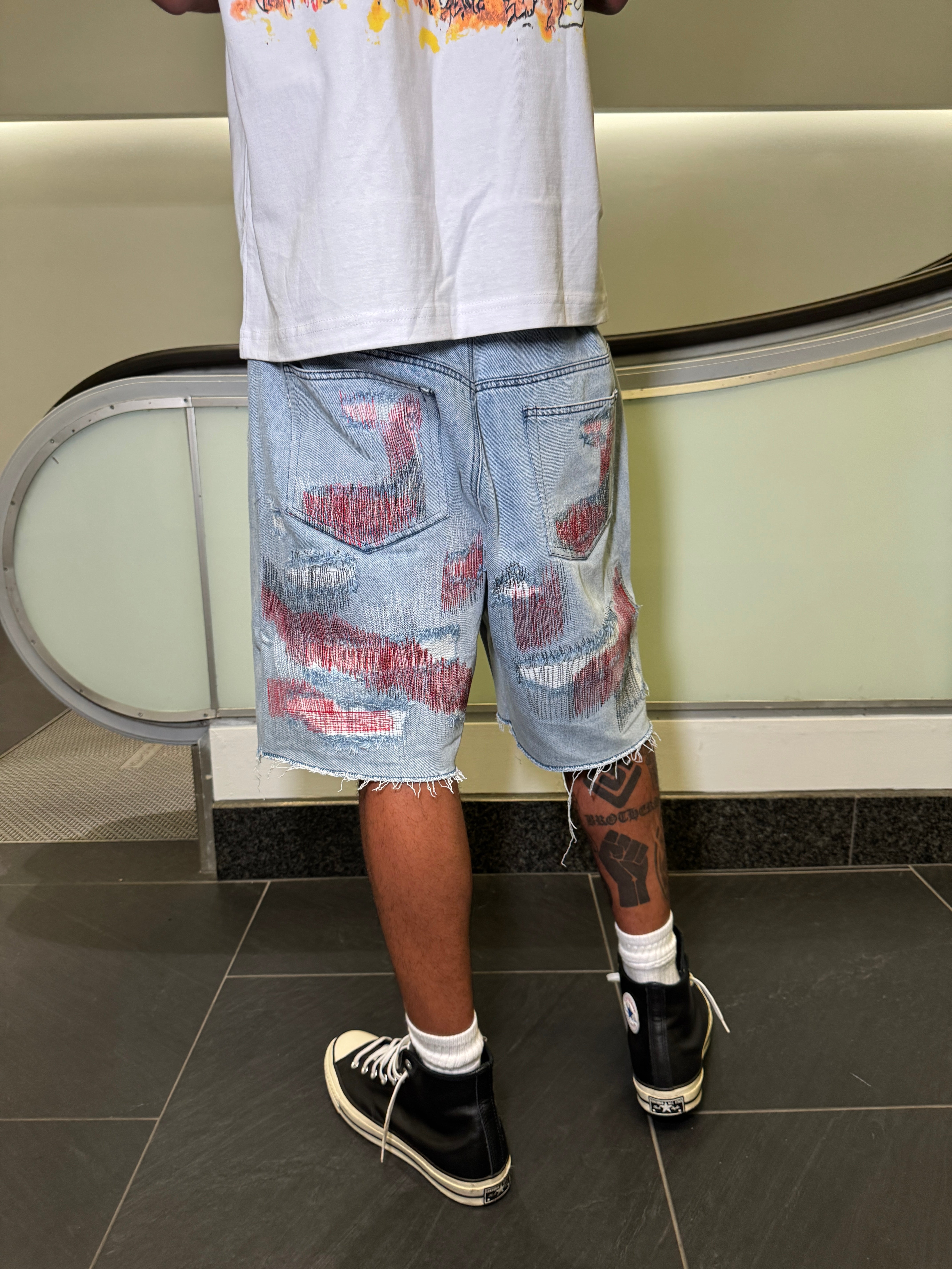 Red Distressed Denim Shorts Red Distressed Denim Shorts