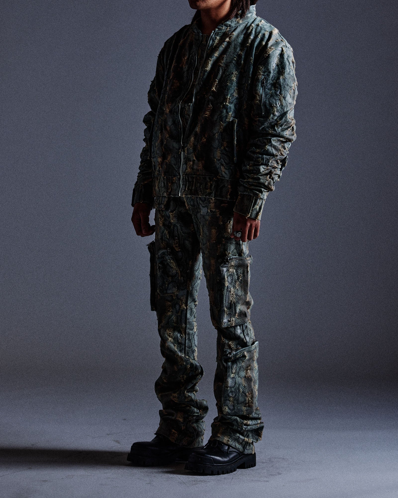 "Ahmanson" Denim Snakeskin Flared Cargo Pant (Blue) "Ahmanson" Denim Snakeskin Flared Cargo Pant (Blue)