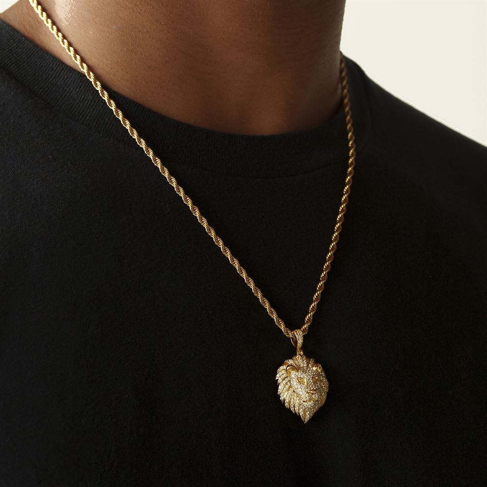 Diamond Lion Head Necklace Pendant & Rope Chain Diamond Lion Head Necklace Pendant & Rope Chain