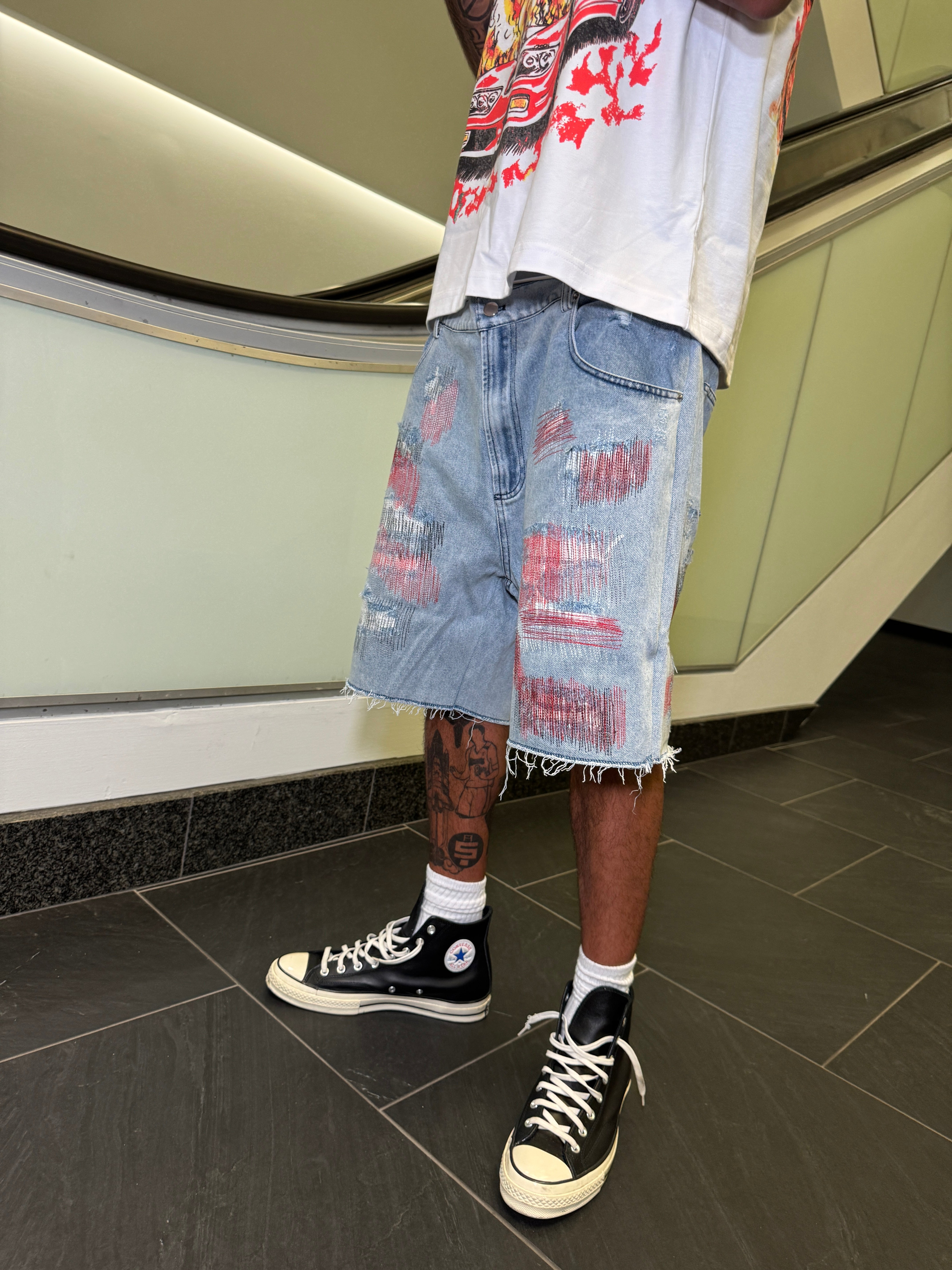 Red Distressed Denim Shorts Red Distressed Denim Shorts