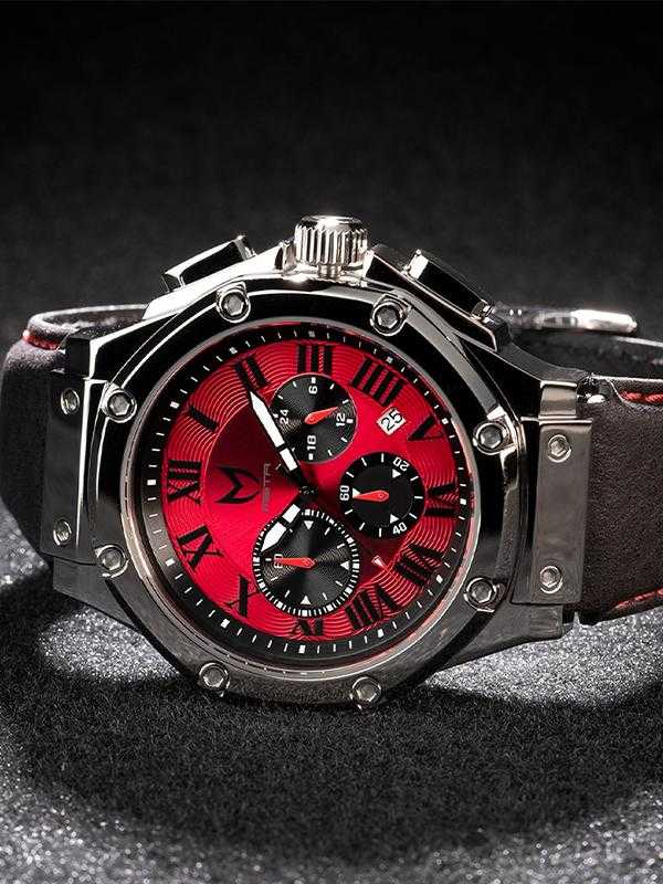 AM1012LB - AMBASSADOR SILVER / RED / LEATHER BAND AM1012LB - AMBASSADOR SILVER / RED / LEATHER BAND