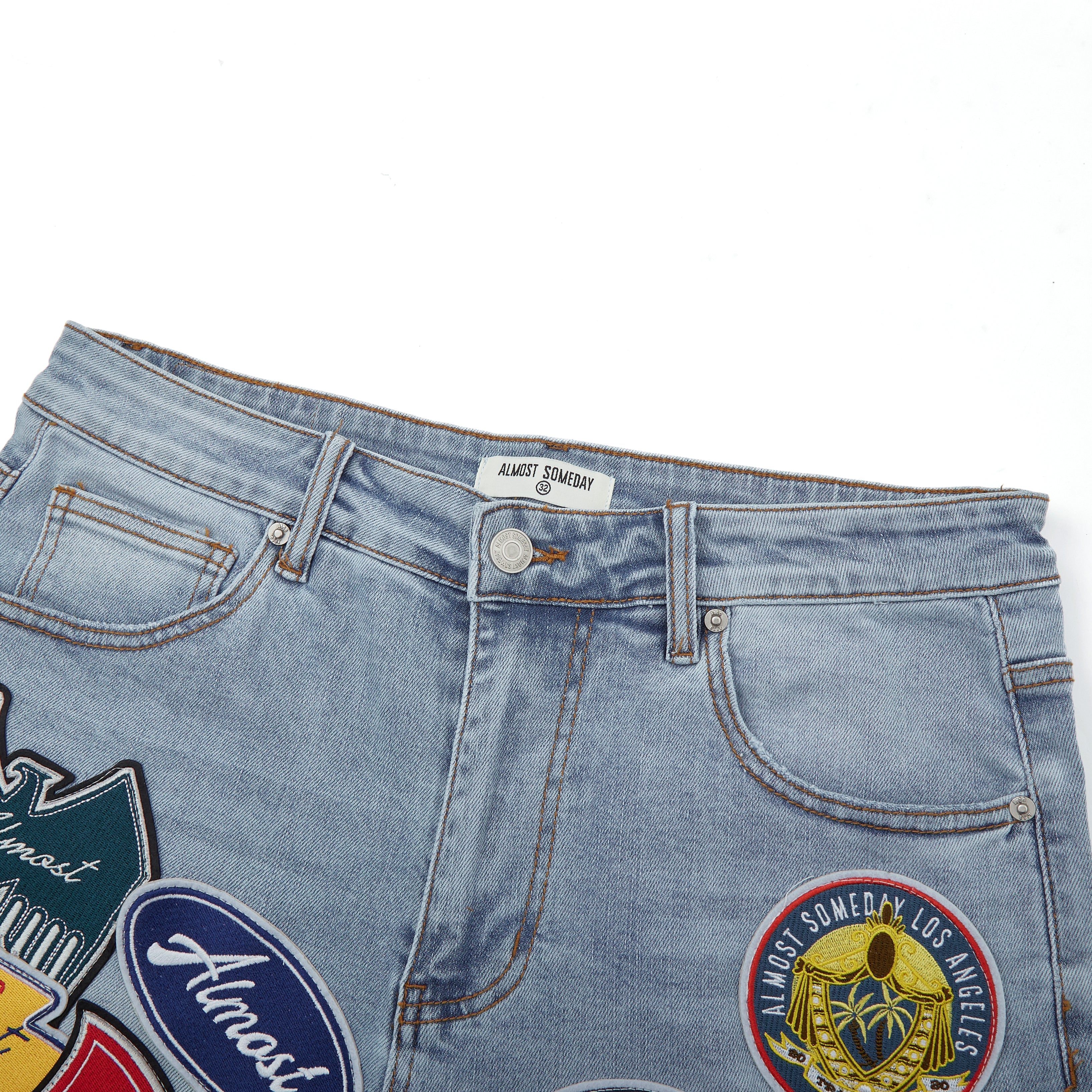 Patchwork Denim Jorts (Washed Blue) Patchwork Denim Jorts (Washed Blue)