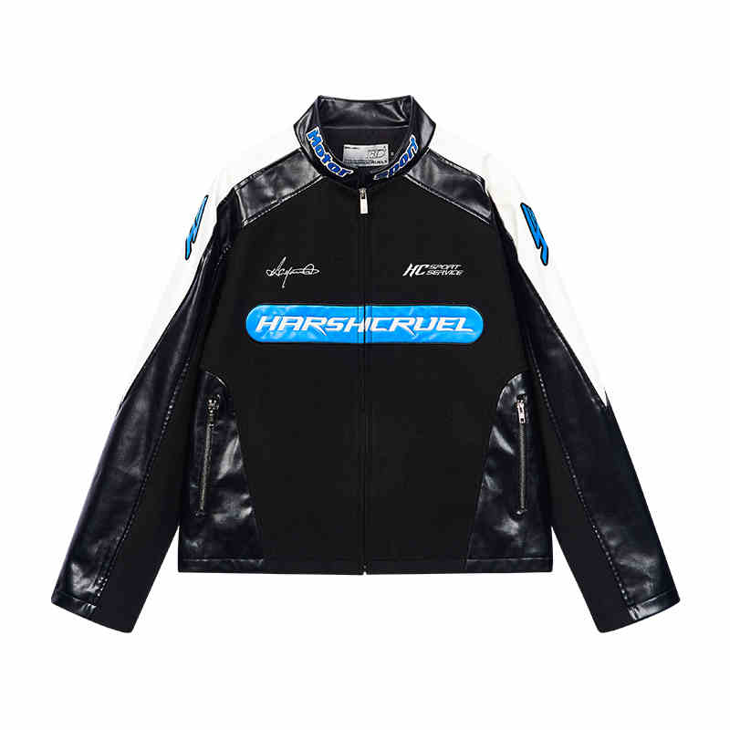 Colorblock Stitched Leather Racing Jacket Colorblock Stitched Leather Racing Jacket