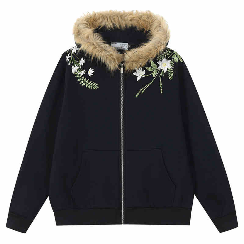 Floral Embroidery Fur Fleece Hoodie Floral Embroidery Fur Fleece Hoodie