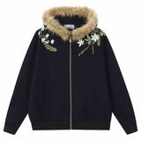 Floral Embroidery Fur Fleece Hoodie Floral Embroidery Fur Fleece Hoodie