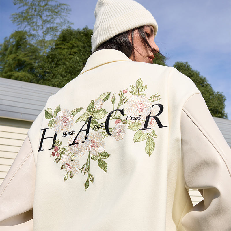 Floral Embroidered Script Baseball Jacket Floral Embroidered Script Baseball Jacket