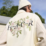 Floral Embroidered Script Baseball Jacket Floral Embroidered Script Baseball Jacket