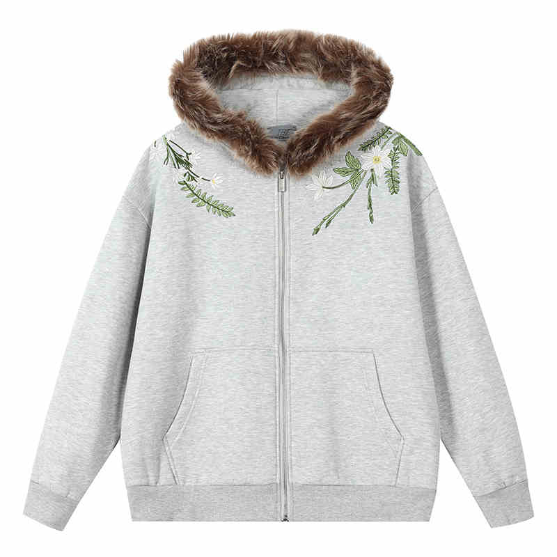 Floral Embroidery Fur Fleece Hoodie Floral Embroidery Fur Fleece Hoodie