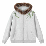 Floral Embroidery Fur Fleece Hoodie Floral Embroidery Fur Fleece Hoodie