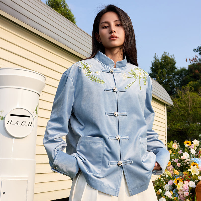 Floral Embroidered Velvet Mandarin Jacket Floral Embroidered Velvet Mandarin Jacket