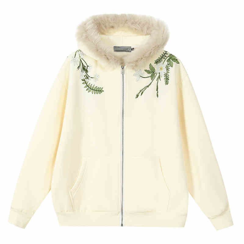 Floral Embroidery Fur Fleece Hoodie Floral Embroidery Fur Fleece Hoodie
